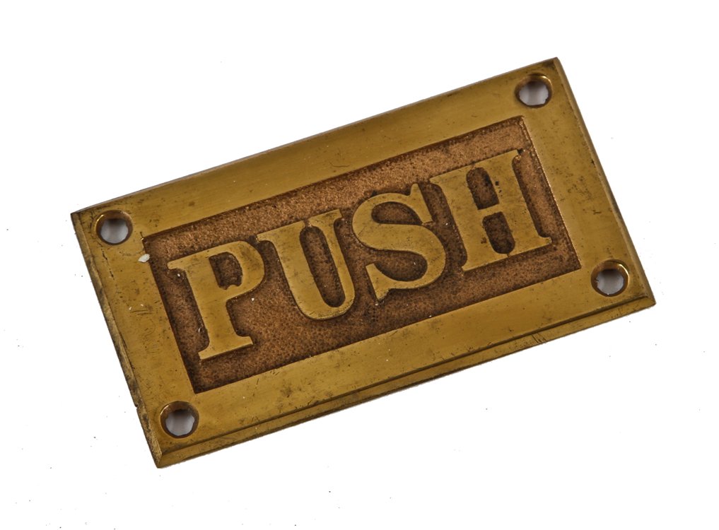 single-sided early 20th century heavy cast bronze metal flush mount commercial bank building door "push" backplate with nicely aged patina