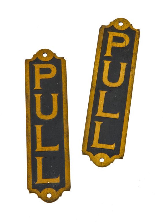 two matching "new old stock" c. 1920's antique american single-sided flush mount entrance door "pull" signs with black enameled finish