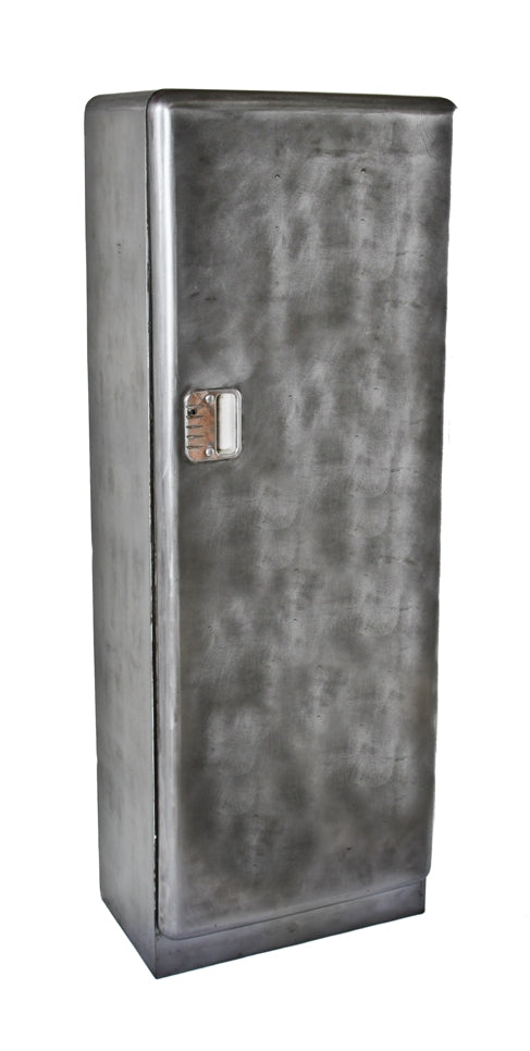 super streamlined american art deco pressed and folded steel freestanding storage cabinet with a sealed brushed metal finish