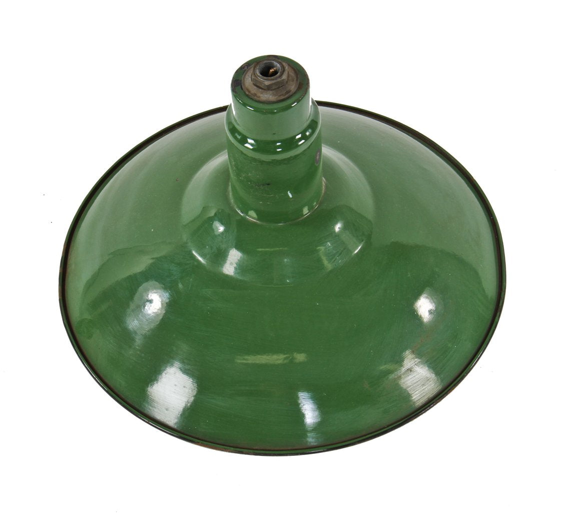 original fully functional c. 1930's american industrial interior factory green porcelain enameled steel pendant light with white reflective underside