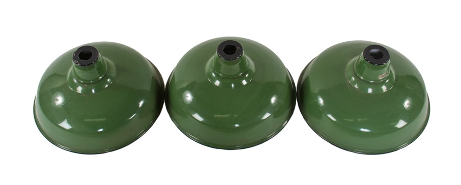 three original c. 1940's american industrial green porcelain enameled steel cbs studios building replacement pendant light reflectors
