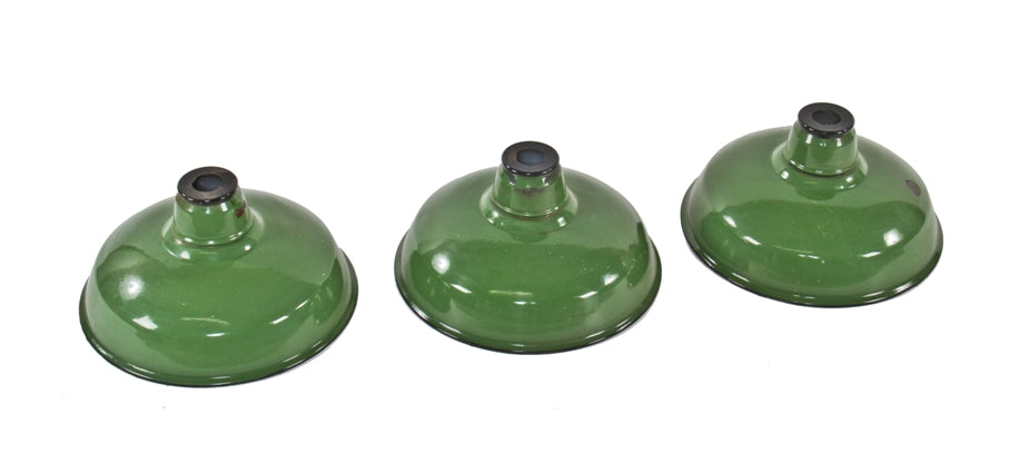 set of three c. 1940's vintage american industrial green porcelain enameled steel reflectors salvaged from the non-extant cbs studios building