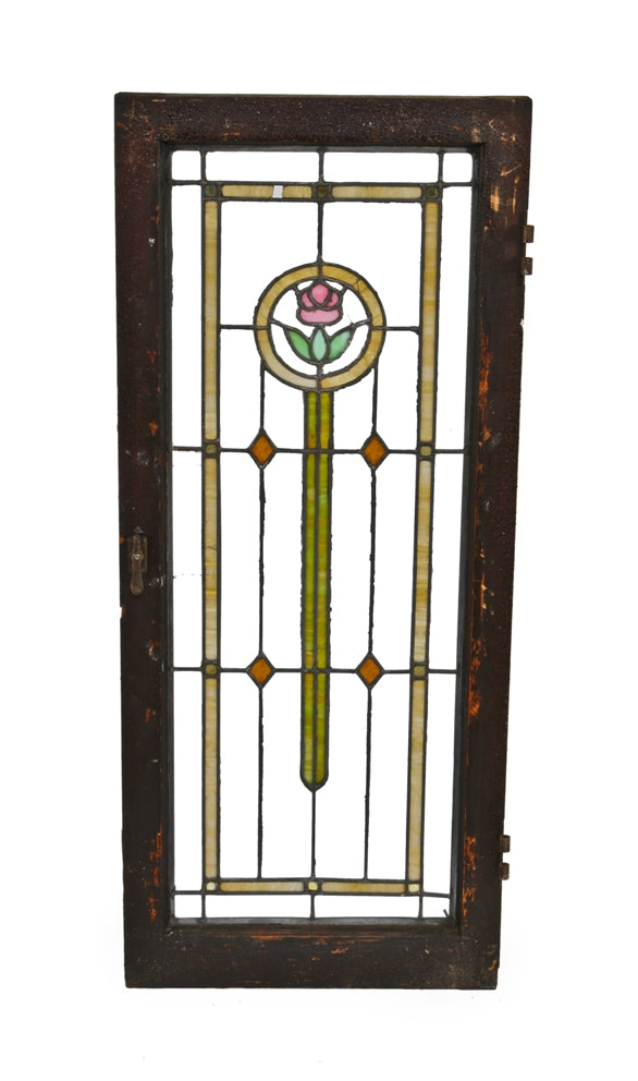 largely intact c. 1920's american craftsman or chicago prairie school style leaded art glass bungalow casement window with floral motif