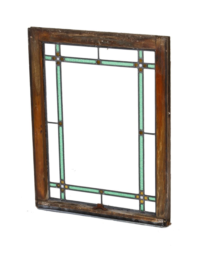 original american interior residential chicago bungalow leaded art glass window with textured green glass border accentuated with sandwich gold leaf squares