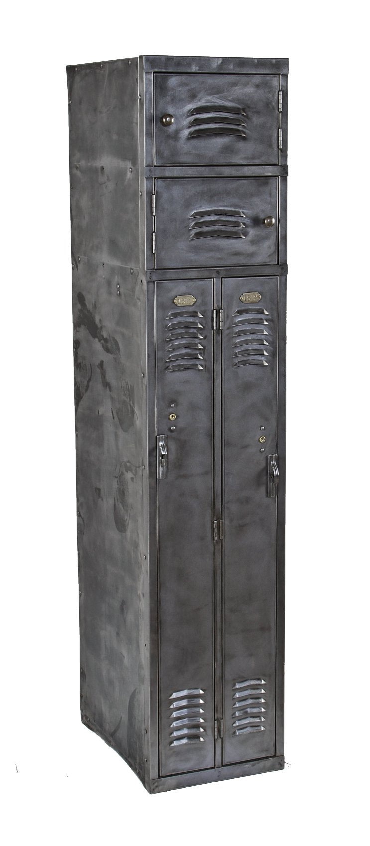very compact c. 1940's vintage american industrial factory lunchroom all-metal freestanding lock with overhead compartments