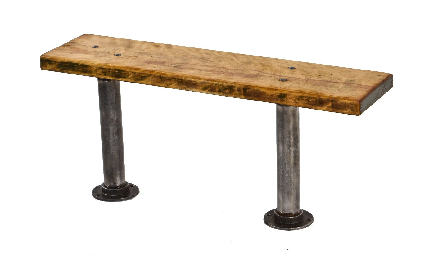 american industrial freestanding refinished low-lying boylston factory locker or lunch room sitting bench with maple wood seat