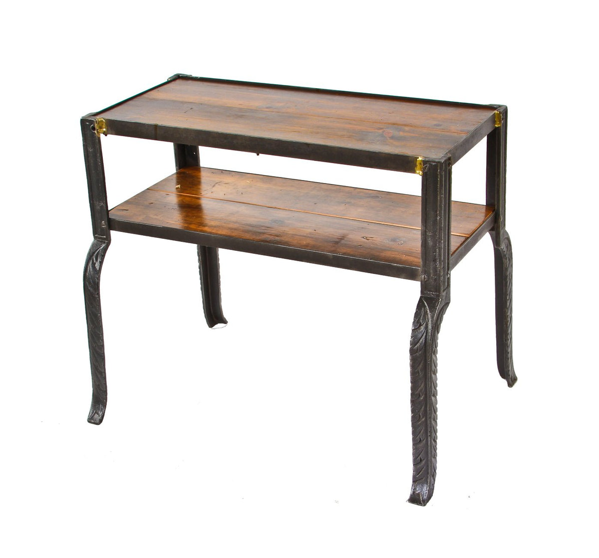 unusual late 19th century american industrial repurposed cast iron and wood side table or console with ornamental outswept legs