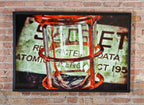 original c. 1950's atomic-era single-sided die cut enameled steel los alamos laboratory "secret" informational sign with cherry red lettering