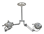 fully functional vintage american medical dual arm hospital operating room ceiling-mount surgical lamp with "stepped" dome-shaped lampheads