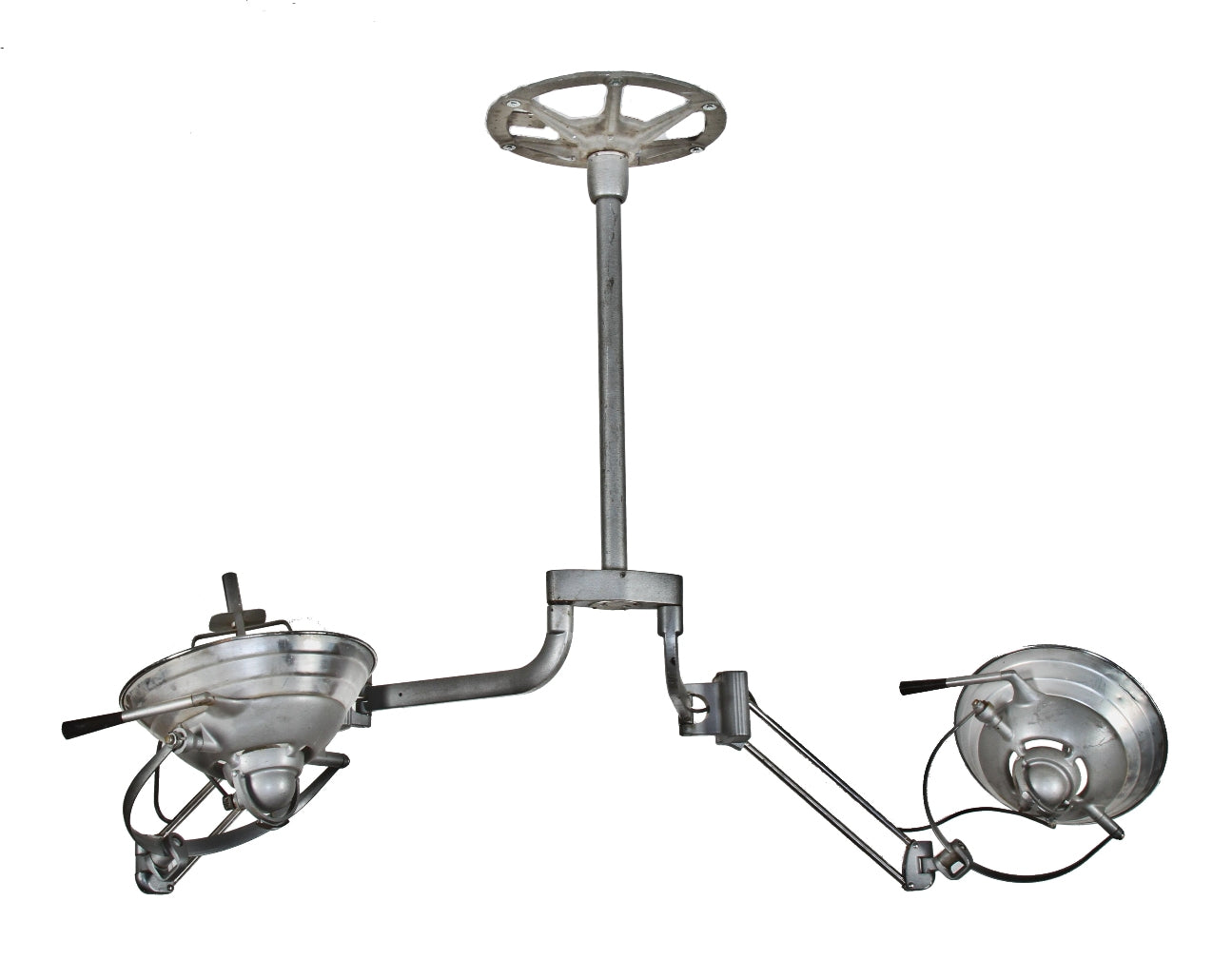 fully functional vintage american medical dual arm hospital operating room ceiling-mount surgical lamp with "stepped" dome-shaped lampheads