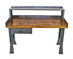 completely refinished c. 1950's vintage american industrial channeled steel factory workbench with overshelf and flared feet