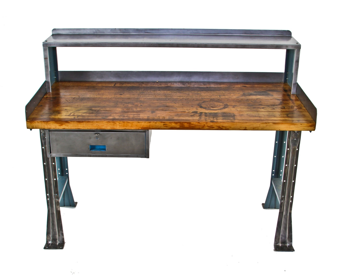 completely refinished c. 1950's vintage american industrial channeled steel factory workbench with overshelf and flared feet