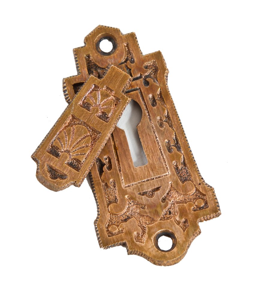 19th century antique american interior residential ornamental cast bronze passage door keyhole escutcheon with swinging cover