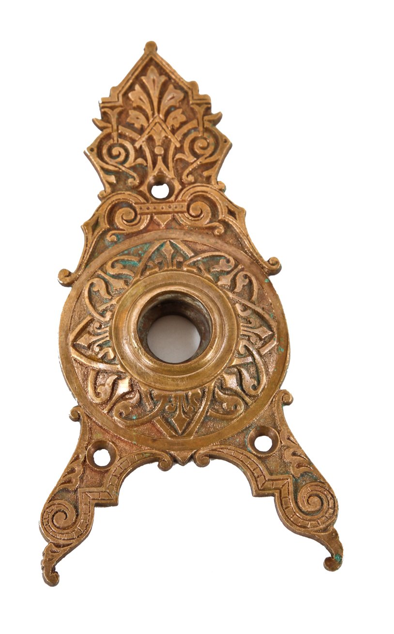 single 19th century antique american victorian era oversized ornamental cast bronze triangular-shaped doorknob escutcheon