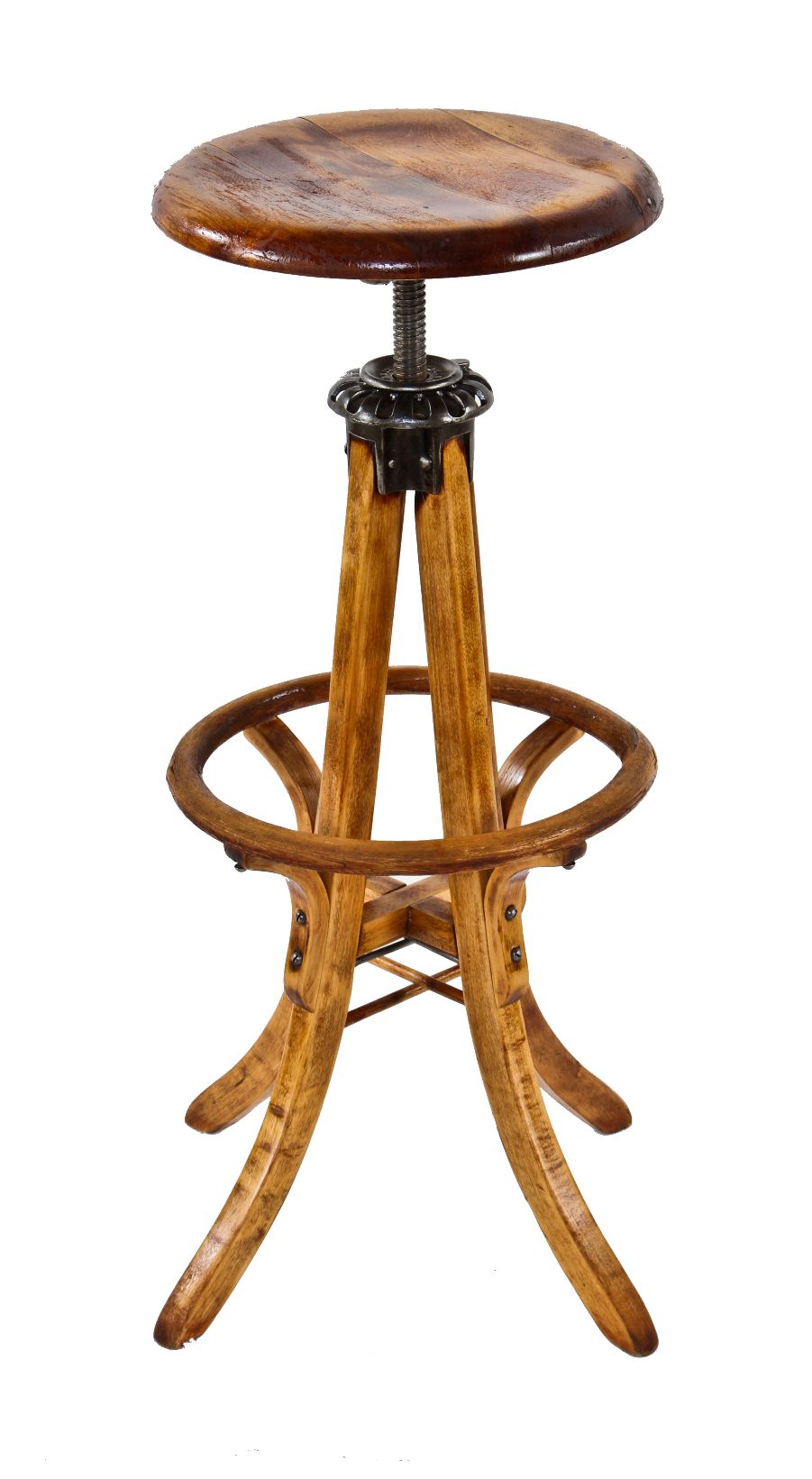 hard to find fully restored late 19th century all original solid birch wood adjustable height dietzgen draftsman stool with bent wood footrest