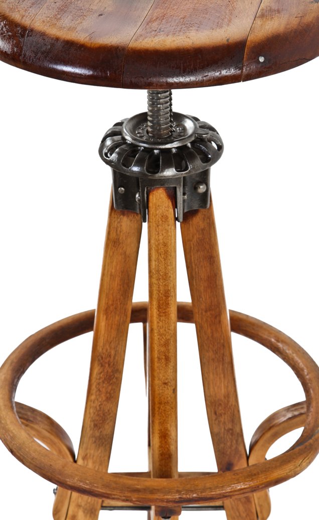 hard to find fully restored late 19th century all original solid birch wood adjustable height dietzgen draftsman stool with bent wood footrest