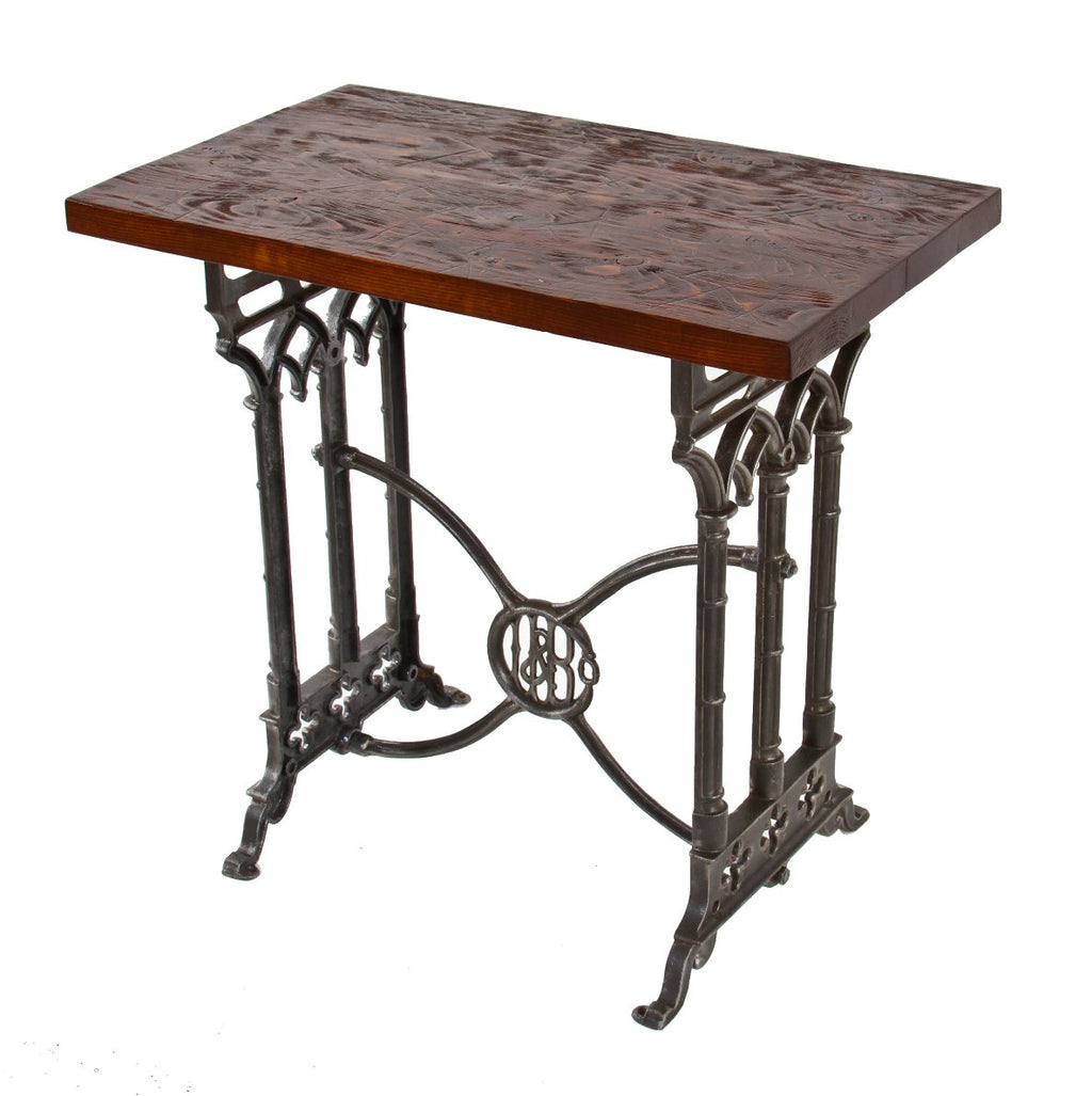 rare late 19th century refinished gothic american style ornamental cast iron horizontal bench drill machine base with monogrammed center