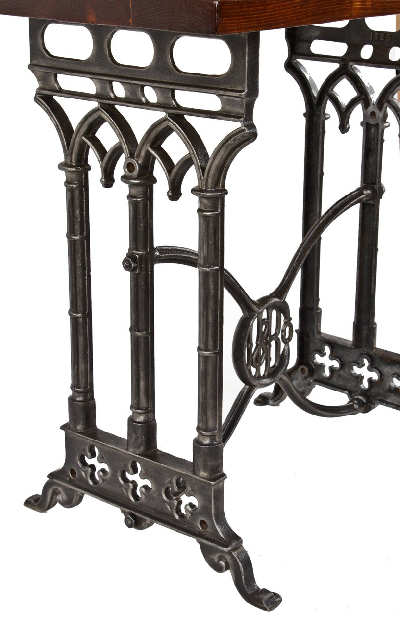 rare late 19th century refinished gothic american style ornamental cast iron horizontal bench drill machine base with monogrammed center