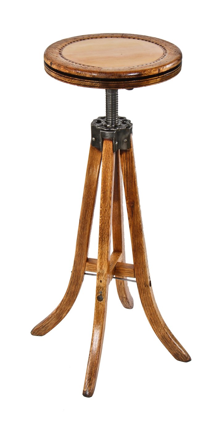 refinished highly sought after "dietzgen" varnished golden oak wood adjustable height draftsman stool with seat containing a pine wood inset