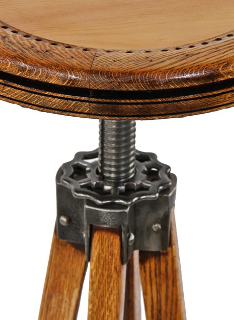 refinished highly sought after "dietzgen" varnished golden oak wood adjustable height draftsman stool with seat containing a pine wood inset