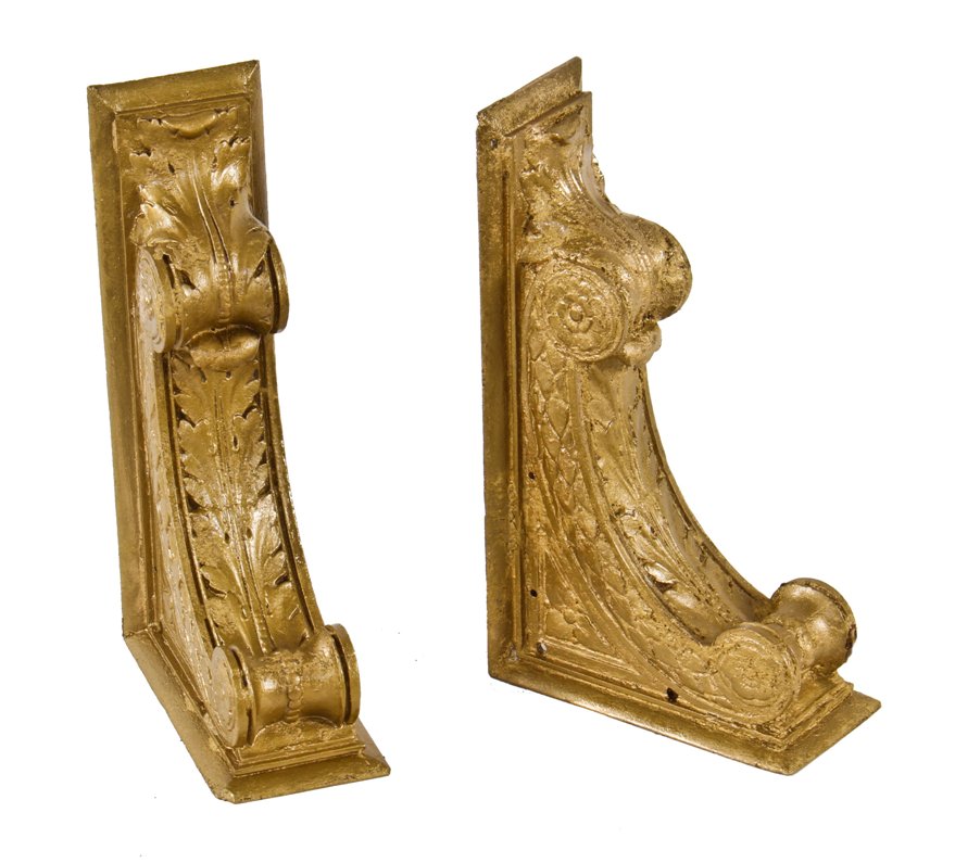 original c. 1920's highly stylized antique american ornamental cast iron metallic gold enameled bank building corbels