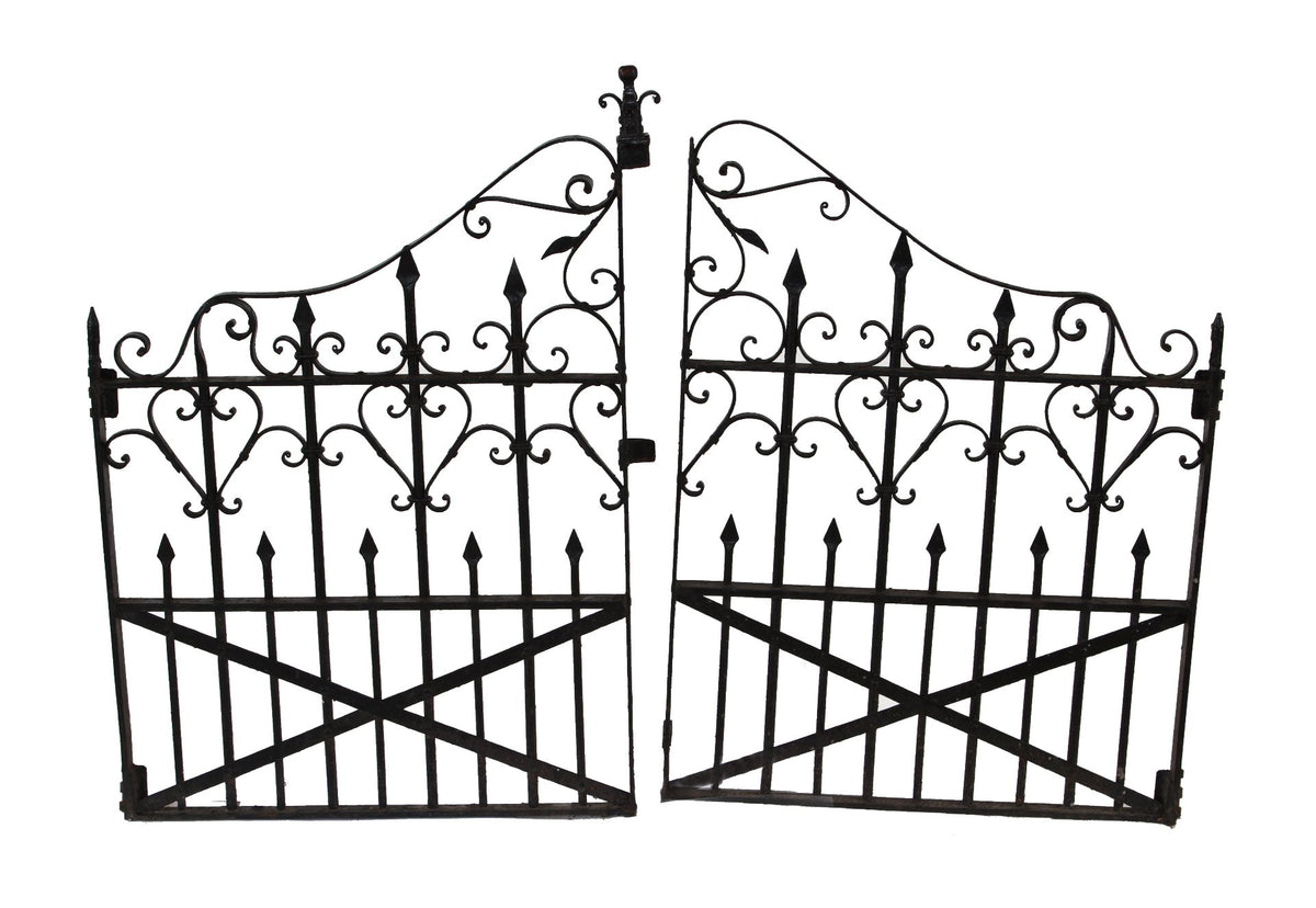 completely intact 19th century american victorian era ornamental forged wrought iron exterior residential double gate with scrollwork