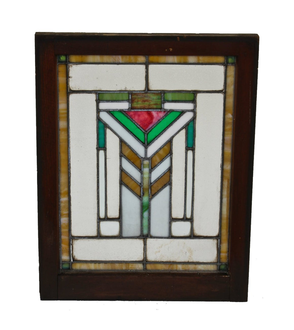 original and largely intact early 1920's american interior residential chicago prairie school style leaded art glass chevron motif window