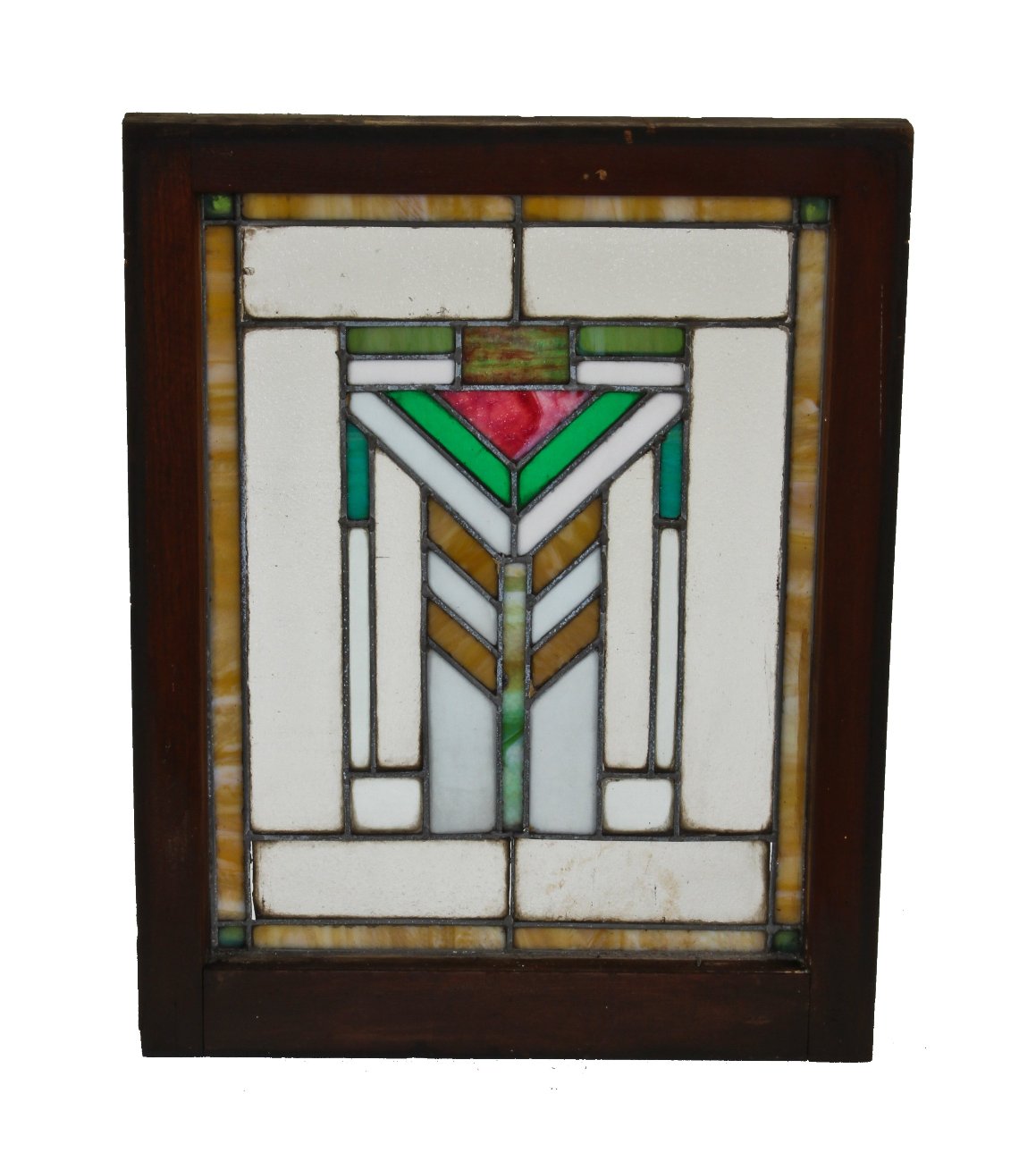 original and largely intact early 1920's american interior residential chicago prairie school style leaded art glass chevron motif window