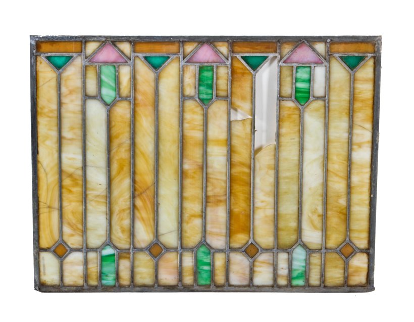 largely intact american interior residential chicago prairie school style caramel slag leaded art glass window with geometric design motifs