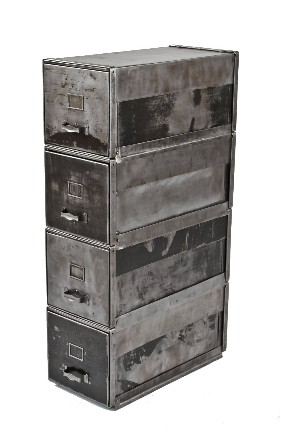 extremely rigid and all-welded joint late 1920's four stackable "l.b." cold-rolled steel filing cabinet units with brushed metal finish