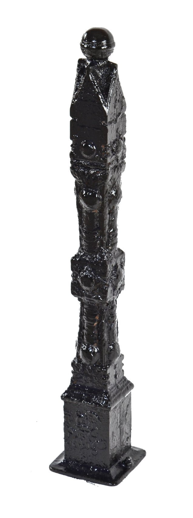 19th century original black enameled ornamental cast iron "chicago style" exterior residential freestanding newel post with ball finial