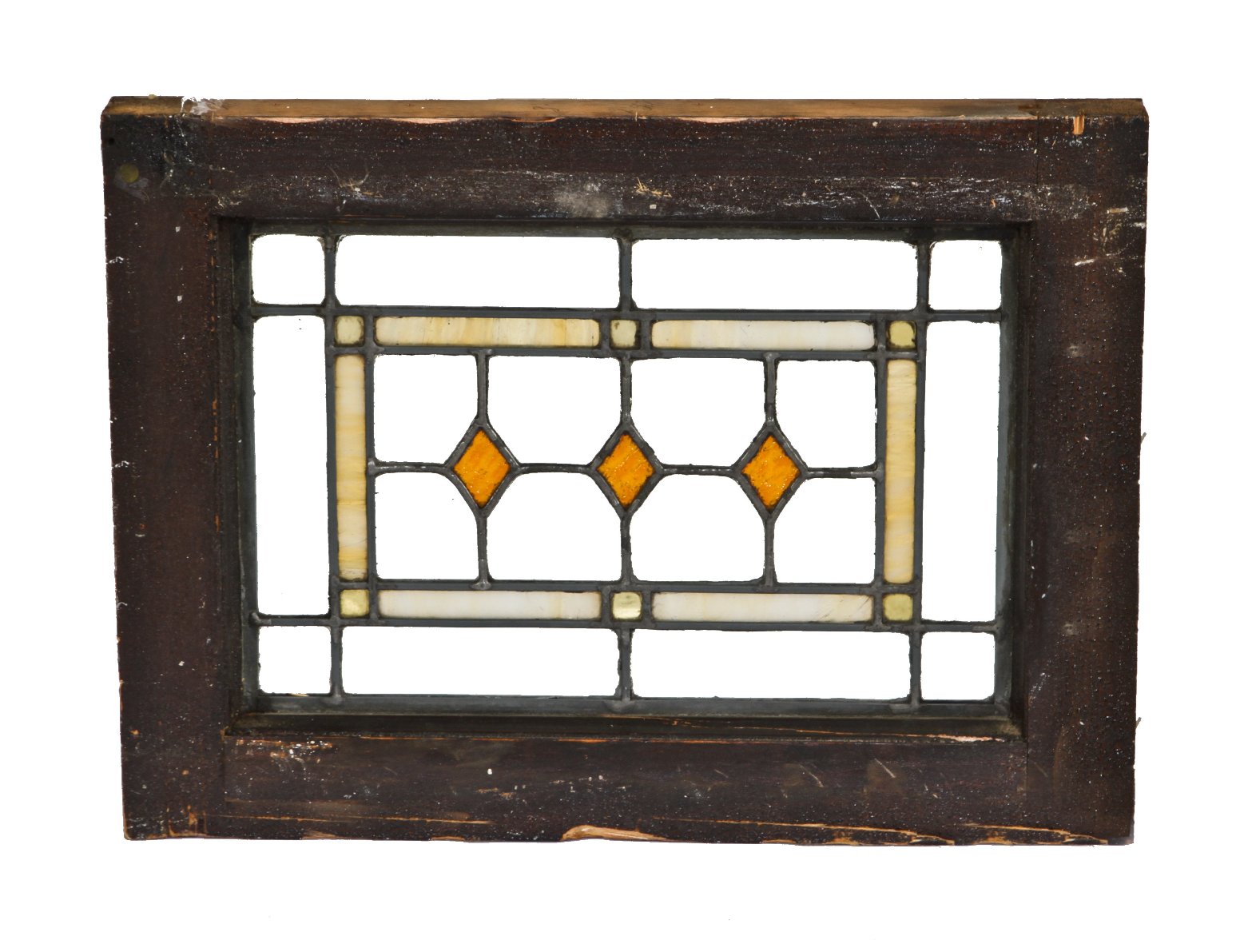 early 1920's antique american chicago bungalow interior diminutive leaded art glass window with amber glass diamonds