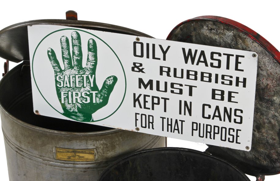 original and remarkably intact c. 1940's vintage american industrial single-sided die cut steel oily waste can rag disposal safety first factory sign