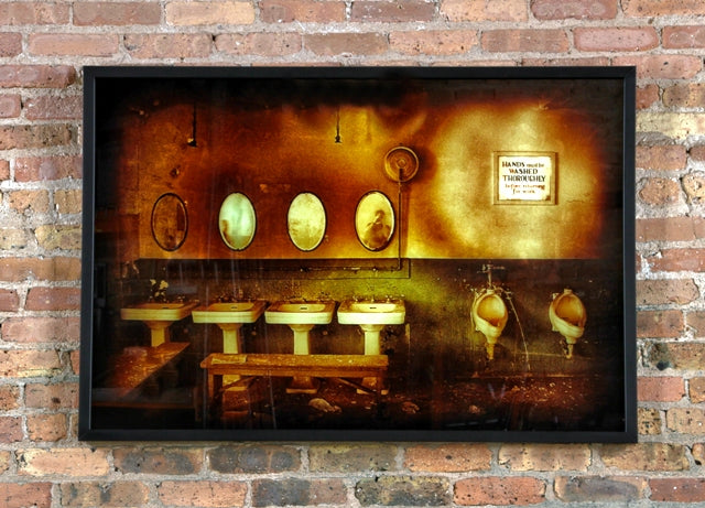 limited edition large format digital print entitled "washroom" in black enameled wood frame with plate glass