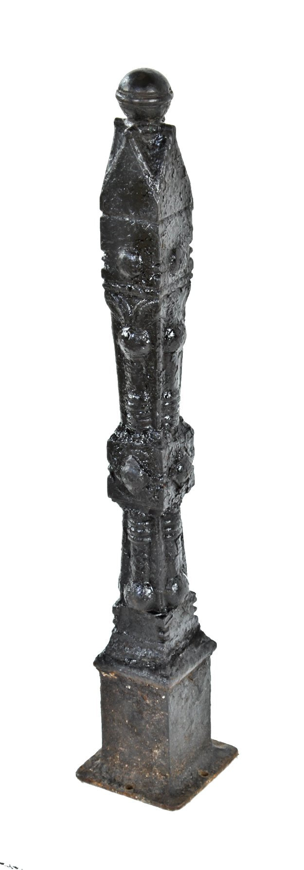 original 19th century antique american ornamental cast iron black enameled exterior residential newel post with ball finial