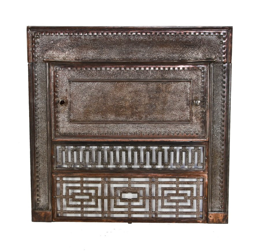 unusual early 20th century antique american ornamental cast iron interior residential fireplace gas insert or grille with detachable summer cover