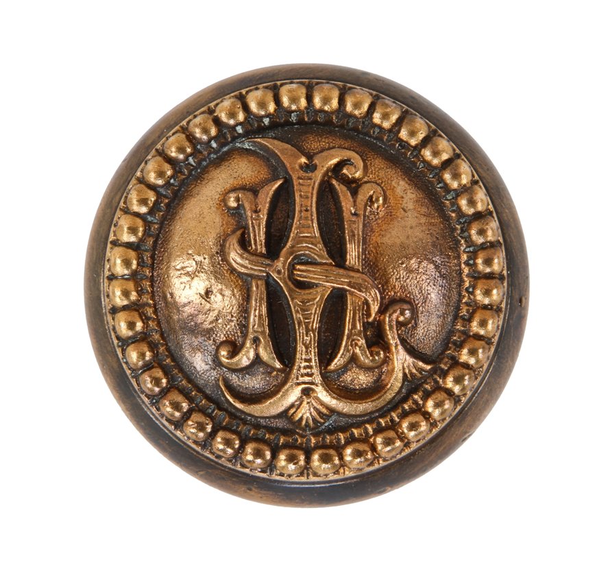 early 1890's authentic antique american ornamental cast bronze monogrammed lexington hotel guestroom doorknob with beaded border