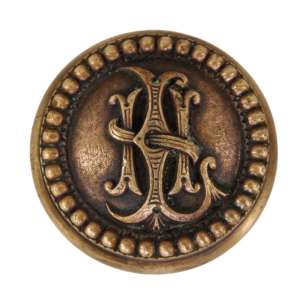 19th century ornamental cast bronze interior chicago lexington hotel guestroom monogrammed doorknob with nicely aged patina