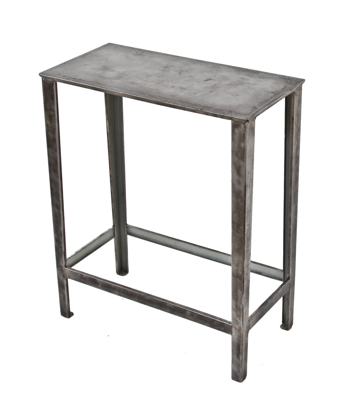 refinished c. 1940's utilitarian american industrial pressed and folded stationary four-legged steel occasional table with welded joint stretchers