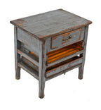 lightly refinished early 1920's antique american industrial battleship blue painted wood printing press side table with single sliding drawer