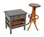 lightly refinished early 1920's antique american industrial battleship blue painted wood printing press side table with single sliding drawer