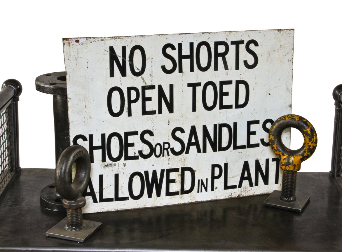 original c. 1940's oversized american industrial die cut steel "no shorts or sandals" wall-mount factory sign with bold black lettering