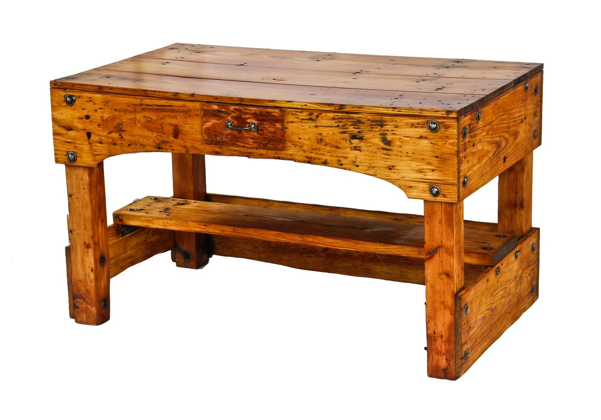 c. 1930's oversized american industrial refinished bolted pine wood factory workbench with a single diminutive pull-out drawer