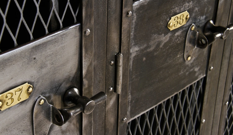 rare c. 1912 original and intact "expanded metal type" steam engine assembly plant three-unit freestanding locker