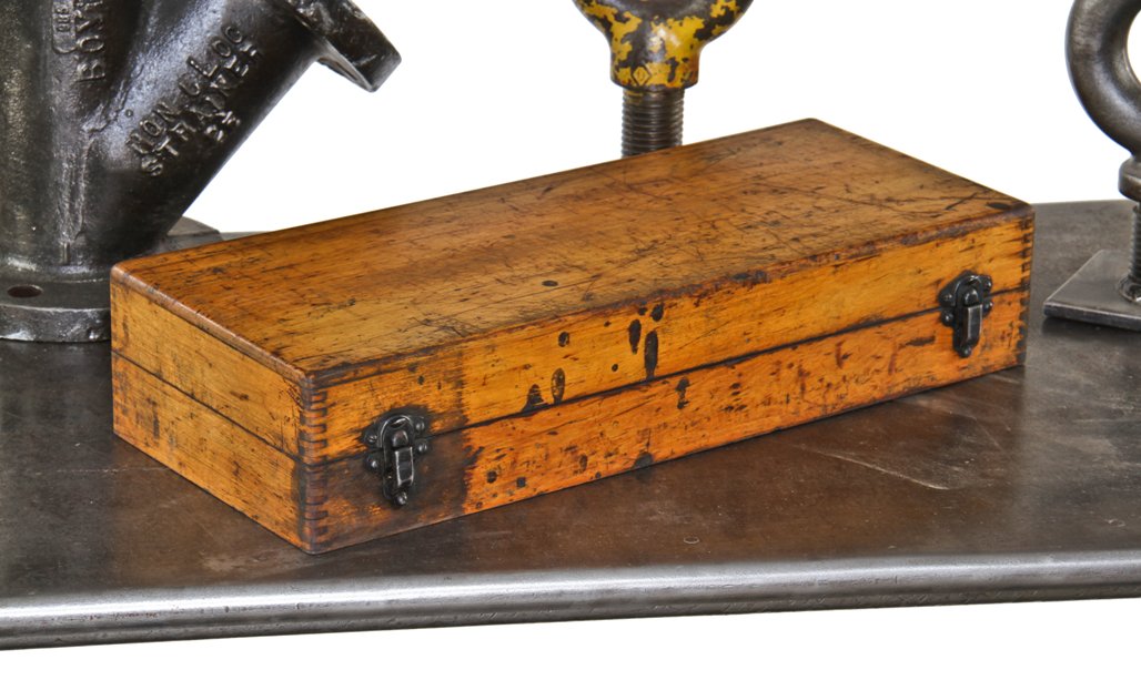original american vintage industrial factory machinist's portable maple wood precision instrument storage box or cabinet with clasps