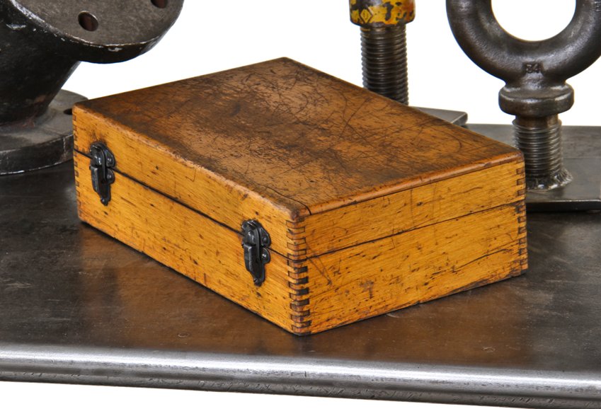 vintage american industrial solid maple wood factory machine shop precision instrument storage box or cabinet with two clasps