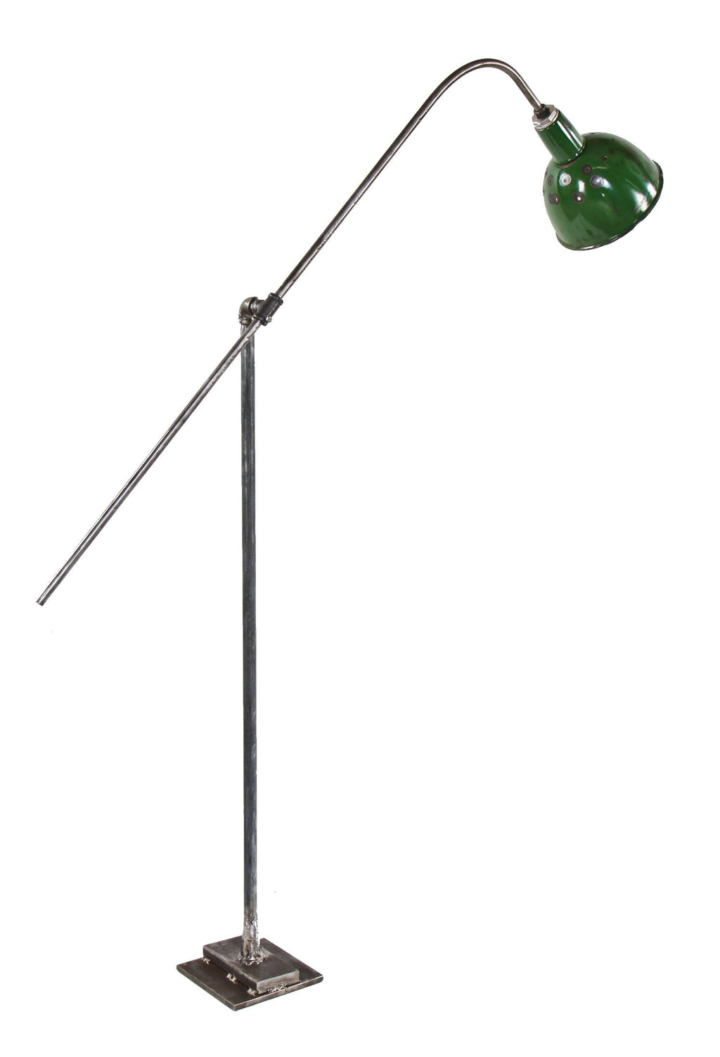 unique c. 1930's custom-built american industrial welded joint steel adjustable factory floor lamp with "deep bowl" green porcelain enameled shade