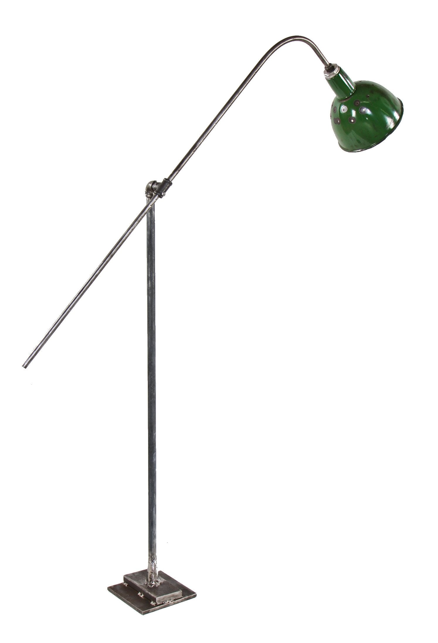 unique c. 1930's custom-built american industrial welded joint steel adjustable factory floor lamp with "deep bowl" green porcelain enameled shade