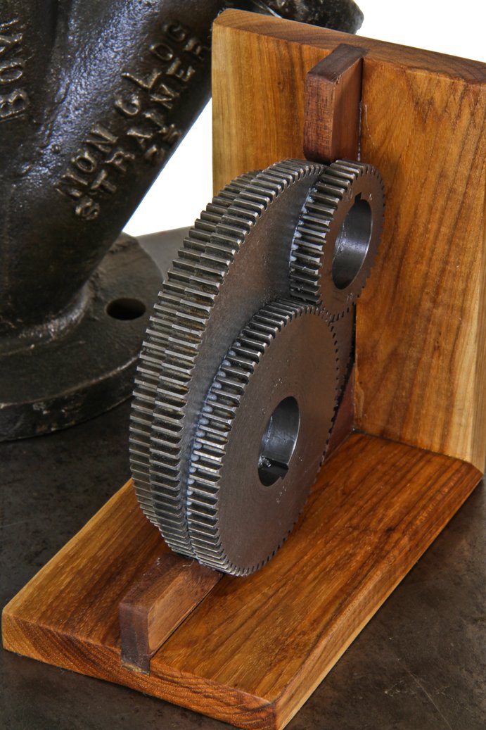 exceptional set of repurposed american vintage industrial custom-built hickory wood and solid steel machine molded cast tooth gear bookends