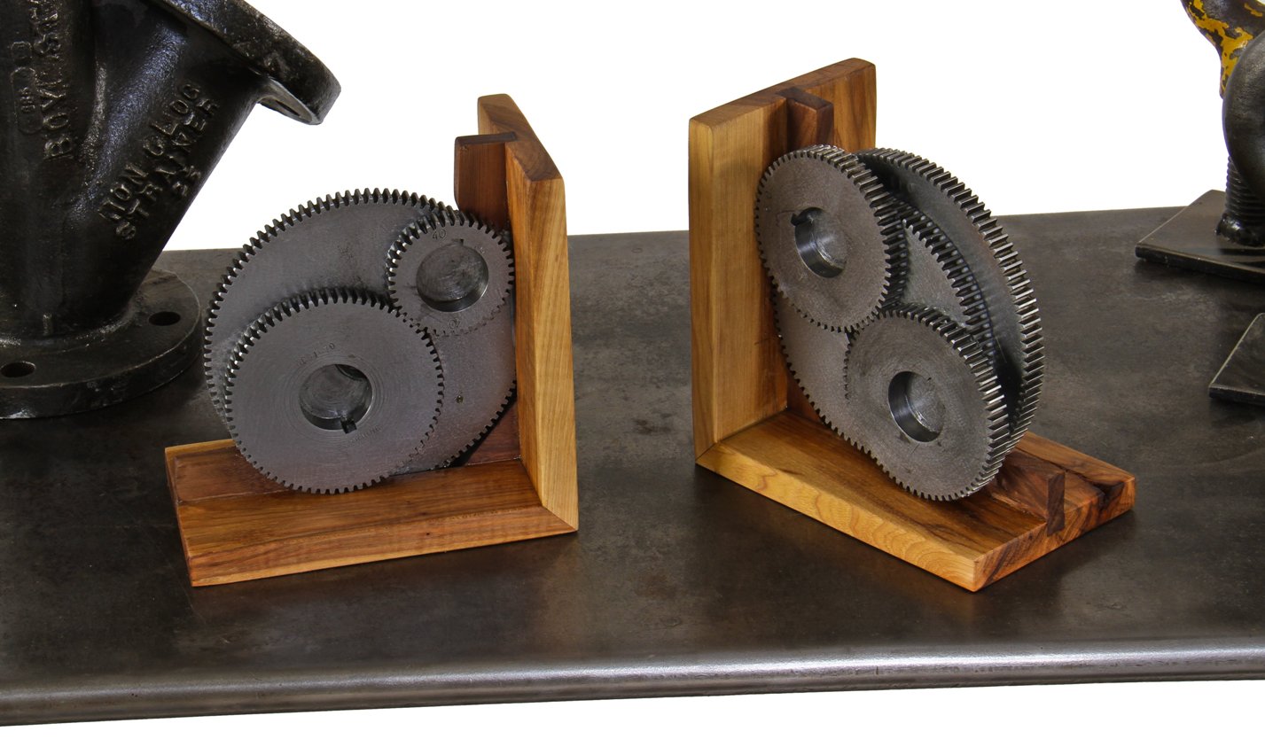 exceptional set of repurposed american vintage industrial custom-built hickory wood and solid steel machine molded cast tooth gear bookends